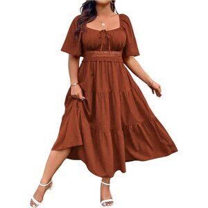 Plus Size Women's Dress Ruffle Tie Front Square Neck A Line Casual Summer